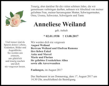 Traueranzeige von Anneliese Weiland von Thüringer Allgemeine, Thüringische Landeszeitung