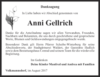 Traueranzeige von Anni Gellrich von Ostthüringer Zeitung