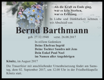 Traueranzeige von Bernd Barthmann von Ostthüringer Zeitung