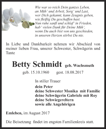 Traueranzeige von Betty Schmidt von Ostthüringer Zeitung, Thüringische Landeszeitung