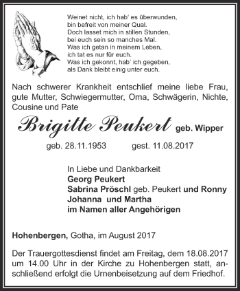 Traueranzeige von Brigitte Peukert von Thüringer Allgemeine, Thüringische Landeszeitung