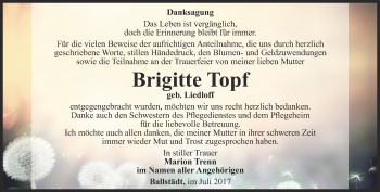 Traueranzeige von Brigitte Topf von Ostthüringer Zeitung, Thüringische Landeszeitung