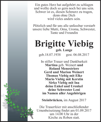 Traueranzeige von Brigitte Viebig von Ostthüringer Zeitung