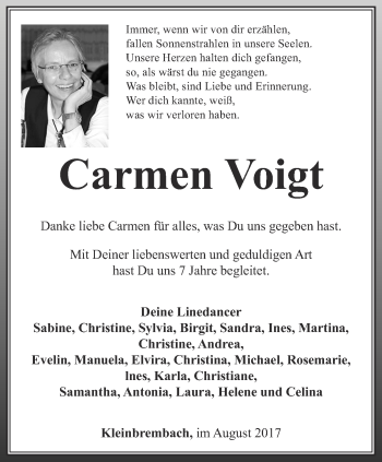 Traueranzeige von Carmen Voigt von Thüringer Allgemeine