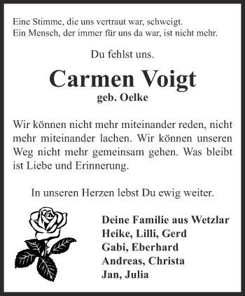 Traueranzeige von Carmen Voigt von Thüringer Allgemeine