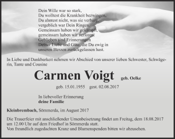 Traueranzeige von Carmen Voigt von Thüringer Allgemeine