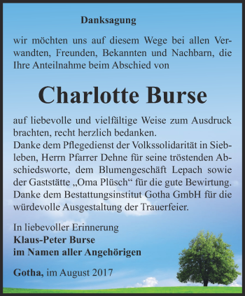 Traueranzeige von Charlotte Burse von Ostthüringer Zeitung, Thüringische Landeszeitung