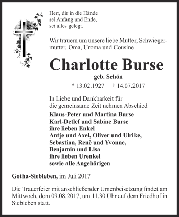 Traueranzeige von Charlotte Burse von Ostthüringer Zeitung, Thüringische Landeszeitung