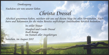 Traueranzeige von Christa Dressel von Ostthüringer Zeitung