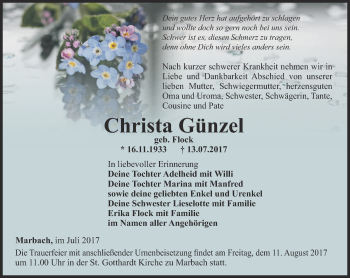 Traueranzeige von Christa Günzel von Thüringer Allgemeine, Thüringische Landeszeitung