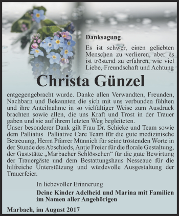 Traueranzeige von Christa Günzel von Thüringer Allgemeine, Thüringische Landeszeitung