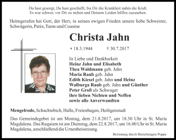 Traueranzeige von Christa Jahn von Thüringer Allgemeine