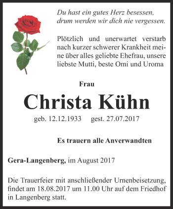 Traueranzeige von Christa Kühn von Ostthüringer Zeitung