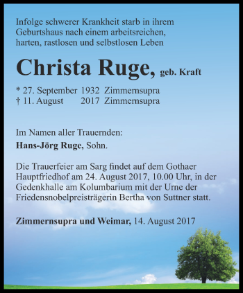 Traueranzeige von Christa Ruge von Ostthüringer Zeitung, Thüringische Landeszeitung