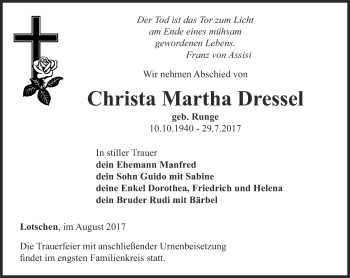 Traueranzeige von Christa Martha Dressel von Ostthüringer Zeitung