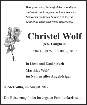 Traueranzeige von Christel Wolf von Thüringer Allgemeine, Thüringische Landeszeitung