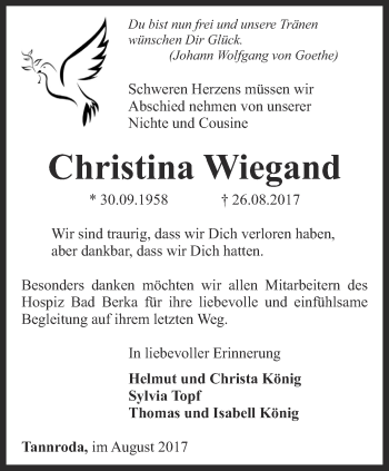 Traueranzeige von Christina Wiegand von Thüringer Allgemeine, Thüringische Landeszeitung