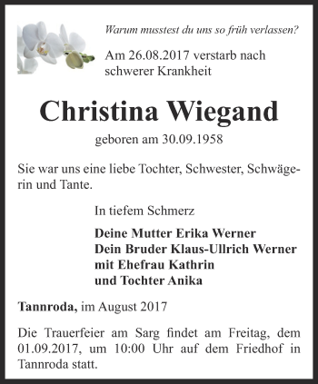 Traueranzeige von Christina Wiegand von Thüringer Allgemeine, Thüringische Landeszeitung