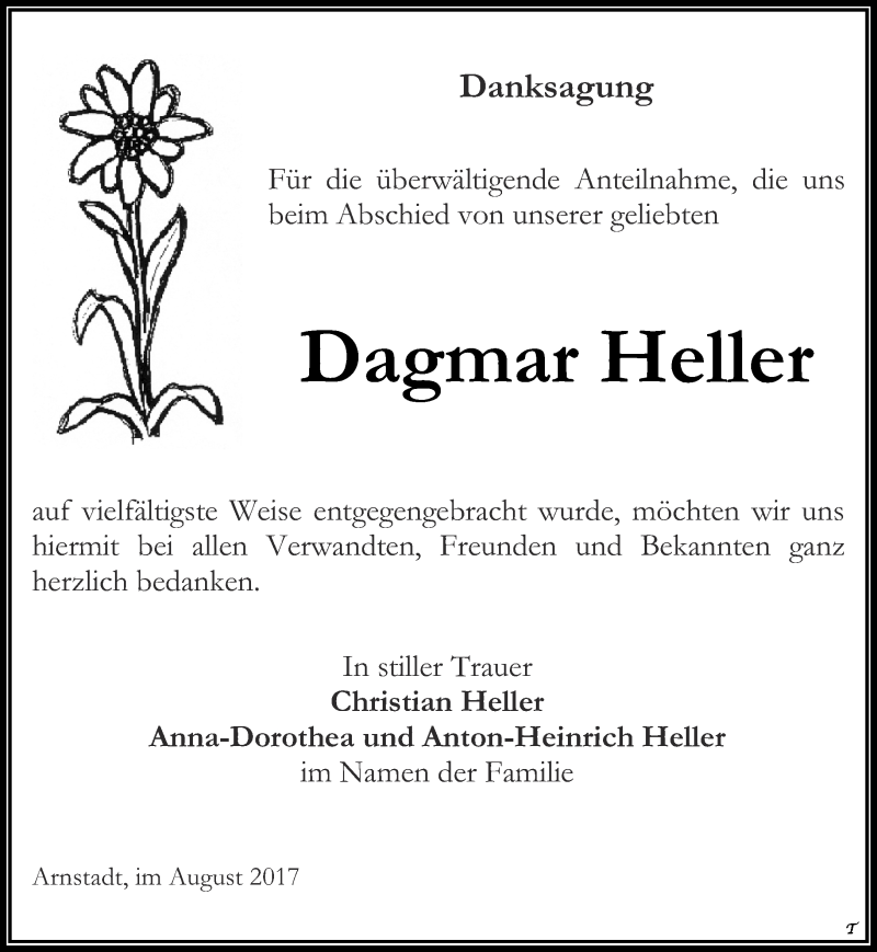  Traueranzeige für Dagmar Heller vom 26.08.2017 aus Thüringer Allgemeine