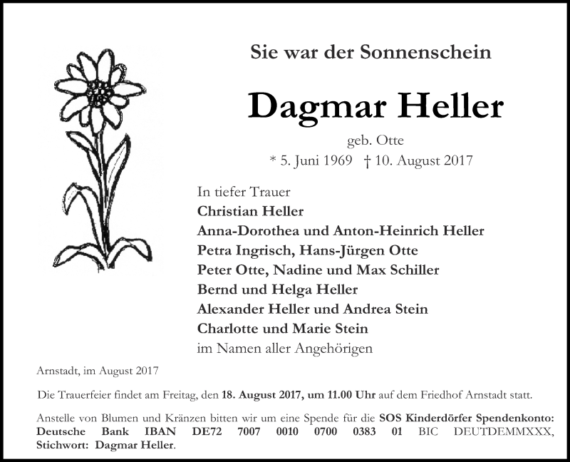  Traueranzeige für Dagmar Heller vom 12.08.2017 aus Thüringer Allgemeine