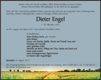 Traueranzeige von Dieter Engel von Ostthüringer Zeitung, Thüringische Landeszeitung