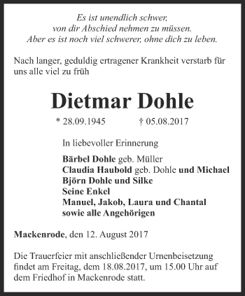 Traueranzeige von Dietmar Dohle von Thüringer Allgemeine