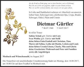 Traueranzeige von Dietmar Gürtler von Thüringer Allgemeine, Thüringische Landeszeitung