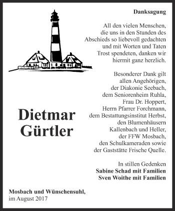 Traueranzeige von Dietmar Gürtler von Thüringer Allgemeine, Thüringische Landeszeitung