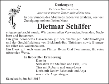 Traueranzeige von Dietmar Schäfer von Ostthüringer Zeitung, Thüringische Landeszeitung