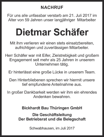 Traueranzeige von Dietmar Schäfer von Ostthüringer Zeitung, Thüringische Landeszeitung