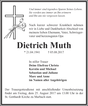 Traueranzeige von Dietrich Muth von Thüringer Allgemeine, Thüringische Landeszeitung