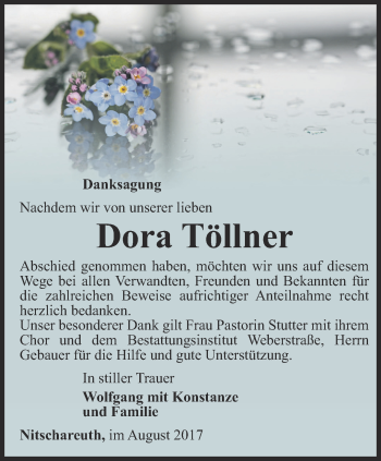 Traueranzeige von Dora Töllner von Ostthüringer Zeitung