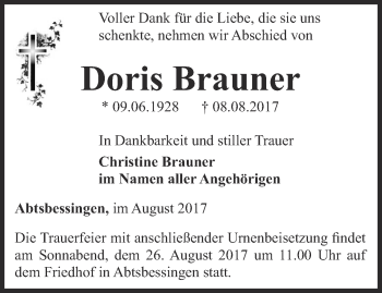 Traueranzeige von Doris Brauner von Thüringer Allgemeine