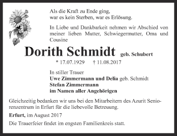Traueranzeige von Dorith Schmidt von Thüringer Allgemeine, Thüringische Landeszeitung