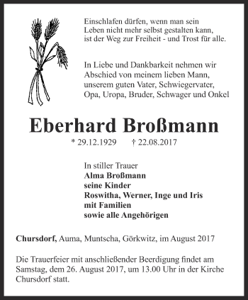 Traueranzeige von Eberhard Broßmann von Ostthüringer Zeitung