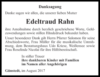 Traueranzeige von Edeltraud Rahn von Thüringer Allgemeine