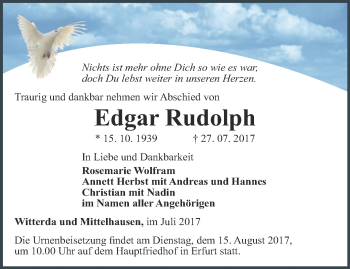 Traueranzeige von Edgar Rudolph von Thüringer Allgemeine, Thüringische Landeszeitung