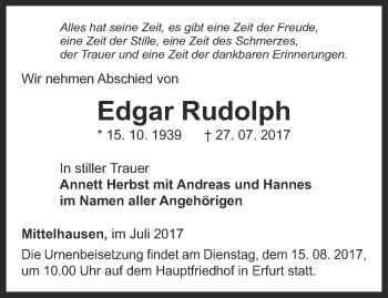 Traueranzeige von Edgar Rudolph von Thüringer Allgemeine, Thüringische Landeszeitung