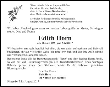 Traueranzeige von Edith Horn von Ostthüringer Zeitung