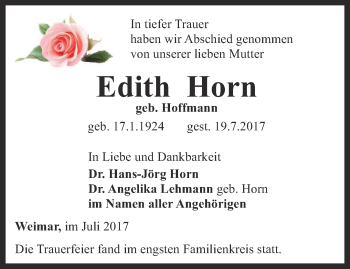 Traueranzeige von Edith Horn von Thüringer Allgemeine, Thüringische Landeszeitung