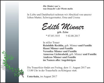 Traueranzeige von Edith Minner von Ostthüringer Zeitung