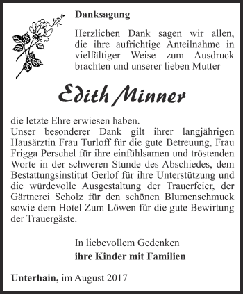 Traueranzeige von Edith Minner von Ostthüringer Zeitung