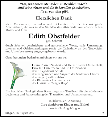 Traueranzeige von Edith Obstfelder von Thüringer Allgemeine