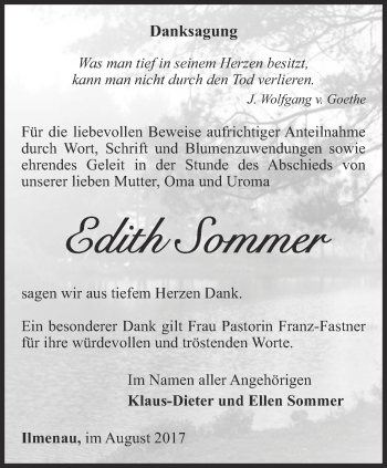 Traueranzeige von Edith Sommer von Thüringer Allgemeine