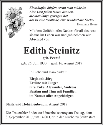 Traueranzeige von Edith Steinitz von Ostthüringer Zeitung