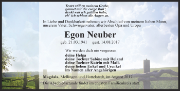 Traueranzeige von Egon Neuber von Thüringer Allgemeine, Thüringische Landeszeitung