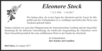 Traueranzeige von Eleonore Stock von Thüringer Allgemeine, Thüringische Landeszeitung