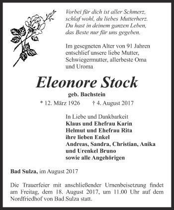 Traueranzeige von Eleonore Stock von Thüringer Allgemeine, Thüringische Landeszeitung