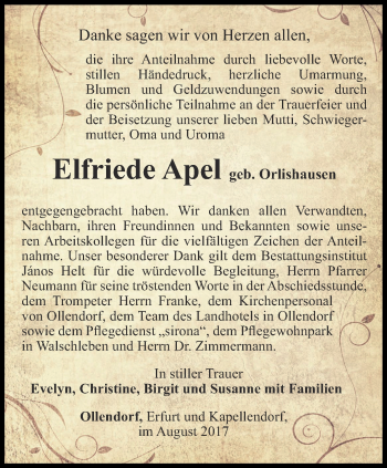 Traueranzeige von Elfriede Apel von Thüringer Allgemeine, Thüringische Landeszeitung