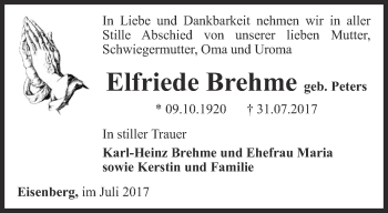 Traueranzeige von Elfriede Brehme von Ostthüringer Zeitung